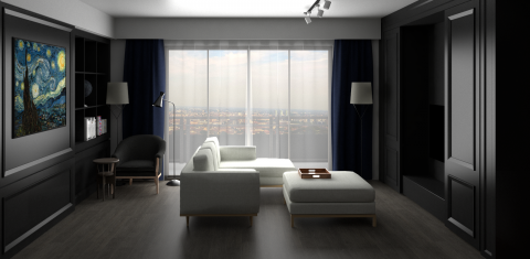 這張「客廳」的照片是一個現代化的客廳，有一個大型的落地窗，可以俯瞰城市景觀。客廳裡有一個白色的沙發和一個白色的腳凳，以及一幅黑色的畫。牆壁是黑色的，地板是深色的木地板。客廳的設計簡潔時尚。