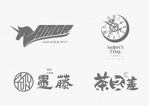 這張照片是四個不同的標誌，其中一個標誌是月亮和時鐘，標誌下寫著“Moon’s Time Bistro”。