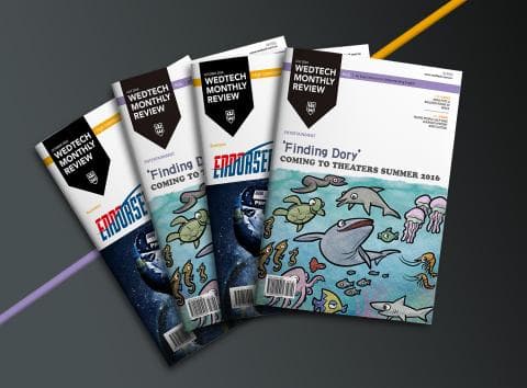 這張照片是四本雜誌，其中一本雜誌的封面是關於電影《海底總動員2：尋找多莉》的海報。海報上，一隻巨大的藍色鯨魚在海水中游動，旁邊還有一些其他海洋生物。海報的標題是「Finding Dory」，下方寫著「Coming to Theaters Summer 2016」。