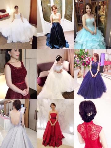 這張「婚紗照」的照片是六位美麗的女性穿著不同的婚紗禮服。