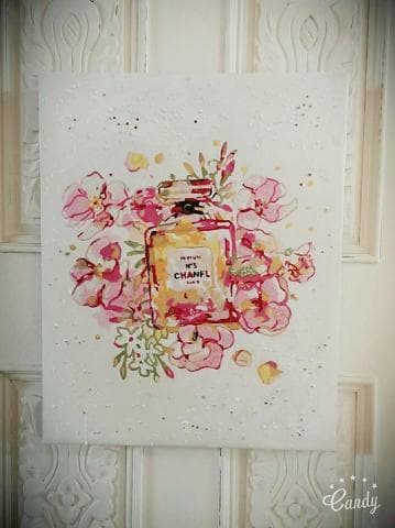 這張照片是一幅畫作，畫著一個香奈兒香水瓶，瓶身周圍環繞著粉紅色的花朵。