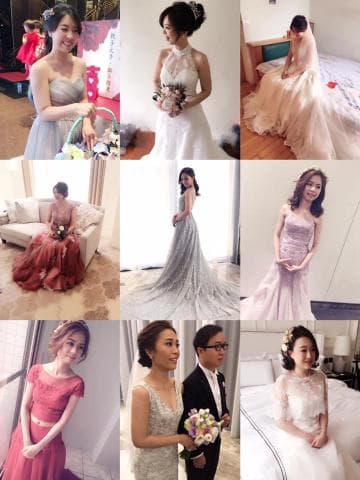 這張照片是一個婚禮的拼貼照片，照片中有多位美麗的女性穿著婚紗，展現著幸福的笑容。最引人注目的地方是中心位置穿著白紗的女性，她手捧著花束，笑容甜美，展現出結婚的喜悅。