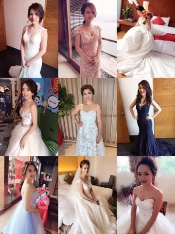 這張「婚紗照」的照片是多位新娘穿著不同款式婚紗的照片，展現新娘們在不同場合的美麗，如室內、戶外、婚禮現場等。