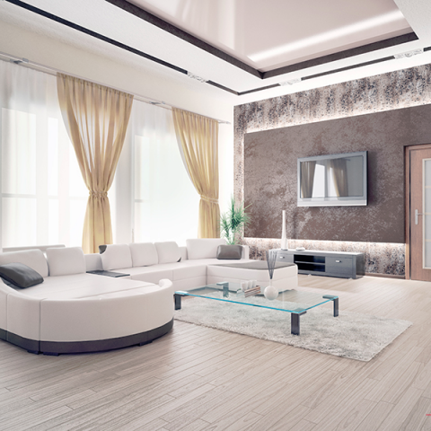 這張「現代客廳」的照片是一間明亮的客廳，其中包含一張白色L型沙發、一張玻璃茶几和一個電視櫃，客廳窗戶裝有米白色的窗簾，地板是淺色的木地板。