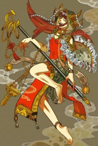 這張照片是一個女性角色，她穿著華麗的服裝，手持一根長長的武器，看起來非常威武。