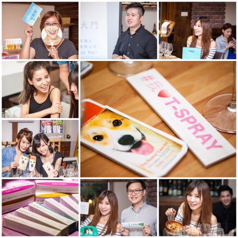 這張「T-SPRAY 品牌活動」的照片是幾位朋友聚在一起參加活動，照片中包含了品牌代言人、活動現場、產品包裝等。