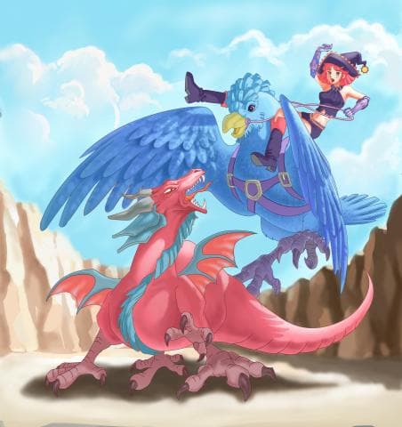 這張照片是一隻紅色龍和一隻藍色鳥，他們正在戰鬥。藍色的鳥騎著一個騎手，紅色龍正在攻擊他們。