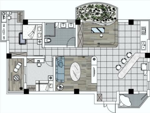 這張照片是現代化公寓的平面圖，中間是客廳，包含一個沙發、一個茶几、一個地毯。