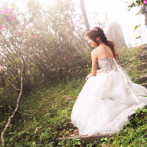 這張照片是一名身穿白色婚紗的女子，坐在石階上，背景是霧氣籠罩的花叢。