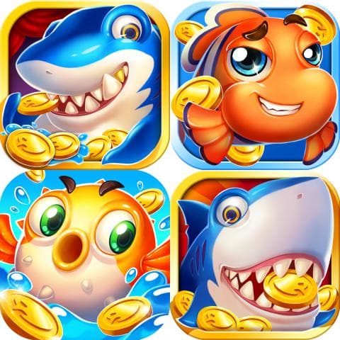 這張照片是四個以海洋生物為主題的遊戲圖示。每個圖示都有一個不同的海洋生物，例如鯊魚、小丑魚和河豚，它們正努力收集金幣。