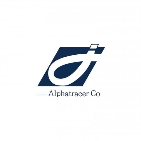這張照片是「Alpha tracer Co.」的商標，商標是一個藍色的方形，裡面是一個白色的「a」。