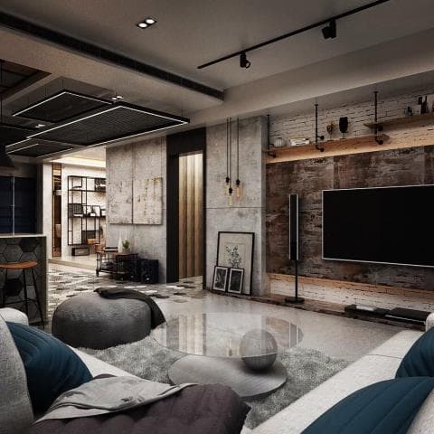 這張照片是一個現代化的客廳，最重要的是電視牆，牆上以木頭和磚頭裝飾，並配有一臺大型電視和音響。