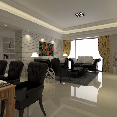 這張「現代客廳」的照片是一間寬敞的客廳，有著白色的磚牆，一張黑色的沙發，以及幾把黑色的皮革椅子。