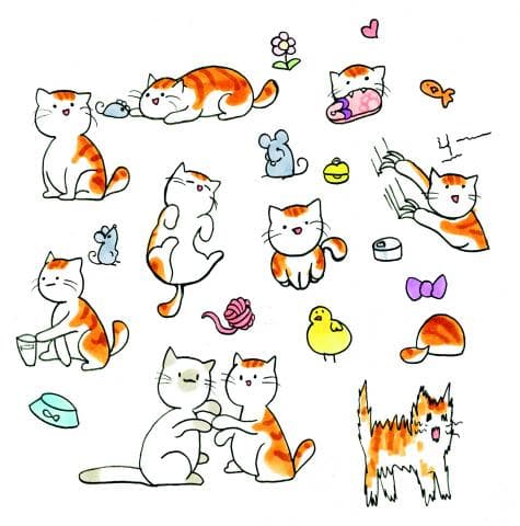 這張照片是許多可愛的貓咪在玩耍。其中，一隻橘白相間的貓咪正在玩一卷毛線，看起來非常開心。