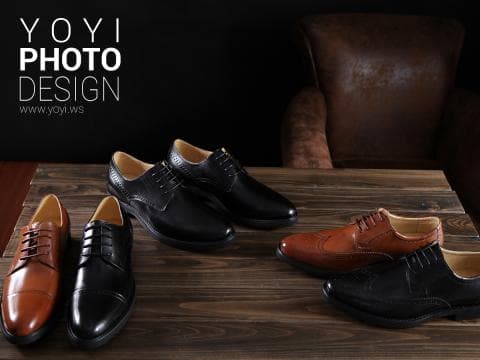 這張「皮鞋」的照片是四雙不同款式的皮鞋，兩雙黑色皮鞋，兩雙棕色皮鞋。