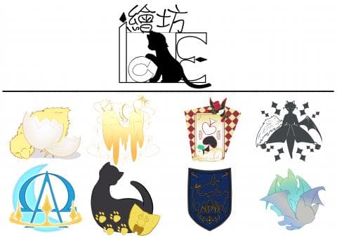 這張照片是八個不同的徽章。每個徽章都以不同的設計風格描繪著獨特的圖案，例如貓、翅膀、牌、以及抽象的圖形，每一個都充滿了神秘感。