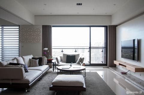 這張客廳的照片是一間現代化的房子，有落地窗、沙發、電視，以及木質地板。