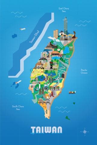 這張照片是臺灣的卡通地圖，圖中描繪了臺灣的地理形狀，以及一些著名的地標建築。