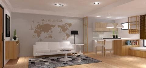 這張「現代化公寓」的照片是一個有著世界地圖牆貼的客廳和廚房的空間。