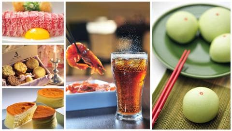 這張「美食」的照片是一個裝滿各種點心的盒子、一杯可樂、一些生魚片和一些綠色的甜點。