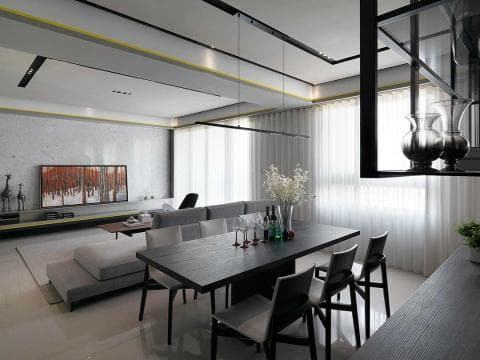 這張「現代居家客廳」的照片是一個寬敞明亮的空間，有舒適的沙發、木質餐桌和椅子，以及一幅風景畫。