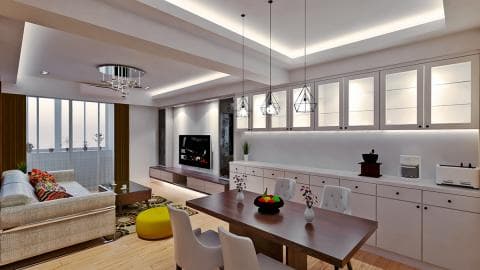 這張「客廳和餐廳」的照片是展示一個現代化的家庭空間。照片中可以看到一個白色沙發、一張木質餐桌和一些白色櫥櫃。房間裡有幾盞吊燈，牆壁上也裝有燈光，給人一種明亮舒適的感覺。