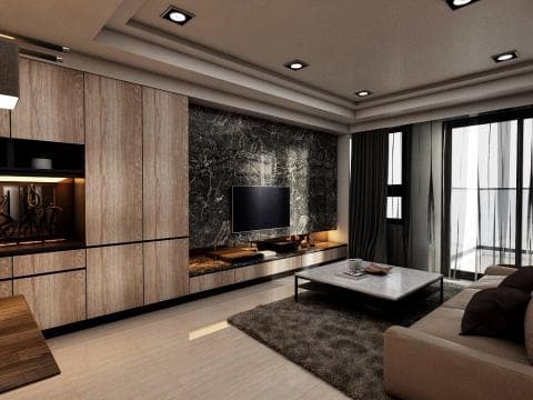 這張「客廳」的照片是一個現代化的空間，有著木質牆面和黑白色大理石牆面，並有一臺電視和一個沙發。