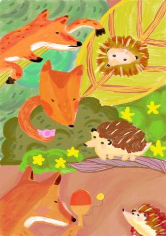 這張照片是一幅以狐狸和刺蝟為主題的圖畫，圖中三隻狐狸圍成一圈，其中一隻狐狸的嘴巴張開好像在說話，一隻刺蝟好像在聽。