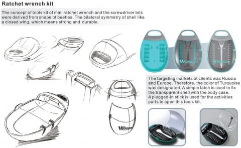這張照片是展示了一種新型工具套件的設計草圖，其中最重要的是工具套件的設計概念，包括外觀和功能。外觀上，設計師借鑒了甲蟲外殼的對稱性，打造出堅固耐用的外觀。功能方面，設計師設計了簡單的鎖扣和可拆卸的活動部件，方便使用和收納。