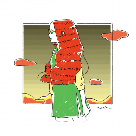 這張照片是一個穿著紅色外套的女性角色，站在一個黃色和橙色的背景前。她戴著一副綠色的眼鏡，頭上戴著一個紅色和綠色的帽子。