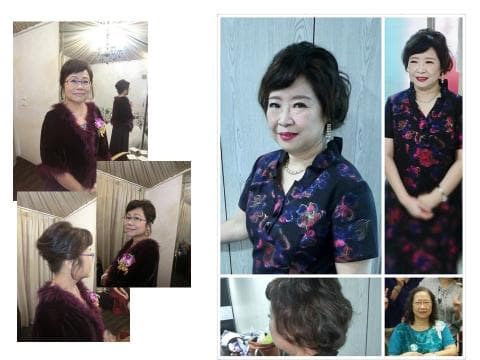 這張照片是四個穿著不同服裝的女性，她們都看起來很優雅美麗。最中間的女性穿著一件黑色印花連衣裙，她的頭髮很漂亮，笑容很迷人，她是照片中最引人注目的焦點。