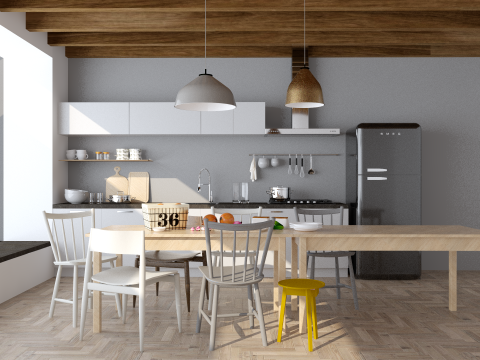 這張「現代廚房」的照片是一個明亮的廚房，有木製天花板、灰色的牆壁、白色櫥櫃和木製餐桌。