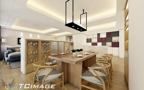 這張「現代風格餐廳」的照片是一張木製餐桌和椅子，餐桌旁有一個大型的展示櫃，牆上則有紅色的壁面裝飾。