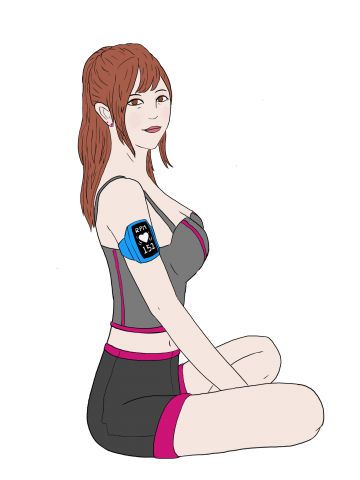 這張照片是一個穿著運動服的女孩，她戴著一個藍色的智慧手錶，顯示她的心跳速率是 153。
