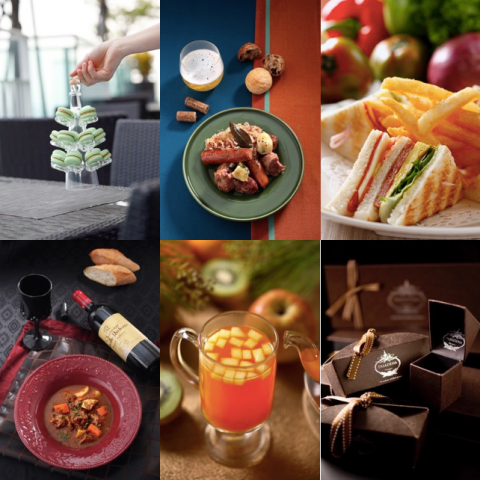 這張「美食」的照片是，有紅酒燉肉、水果茶、三明治、啤酒、馬卡龍和巧克力。