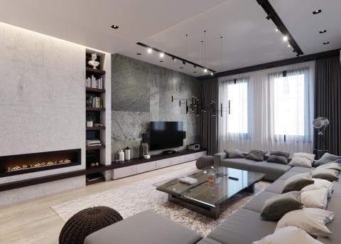 這張「現代客廳」的照片是一間寬敞明亮的客廳，配有大型落地窗、舒適的沙發，以及一個精緻的咖啡桌。客廳的設計風格簡潔現代，牆壁採用了淺色系，並搭配了深色傢俱，營造出沉穩舒適的氛圍。