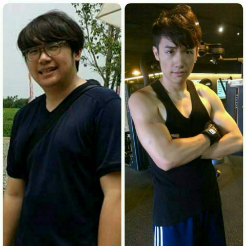 這張照片是一個男人減肥前後的對比。左側照片是他減肥前，看起來比較胖，右側照片是他減肥後，看起來非常健壯。