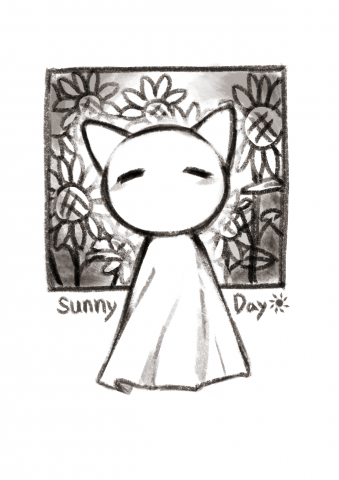 這張照片是一隻可愛的貓咪，它站在一排向日葵前，閉著眼睛，嘴角微微上揚，像是在享受陽光。