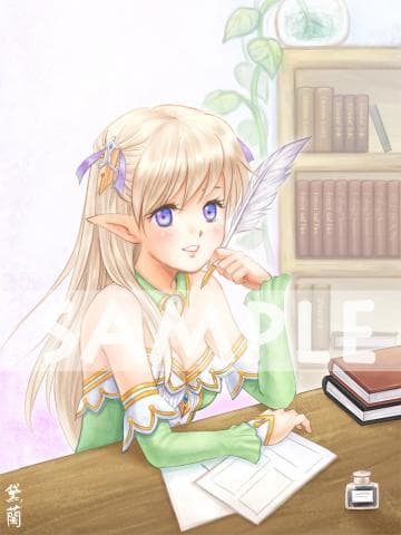 這張照片是一個金髮女郎坐在書桌前寫字，她身穿綠色的洋裝，手拿著羽毛筆，專注地寫在紙上。