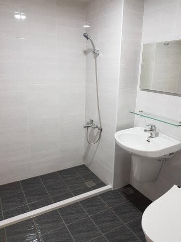 這張照片是一個浴室，最顯眼的部分是浴室地板上深色、有紋路的瓷磚。