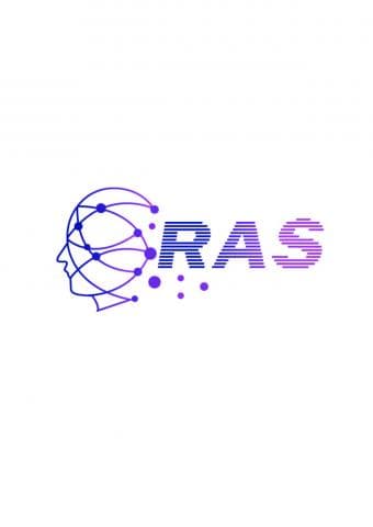 這張照片是一個以紫色和藍色線條和圓點組成的標誌。標誌由一個頭部輪廓組成，頭部輪廓內有一個網絡，並帶有 RAS 的文字。