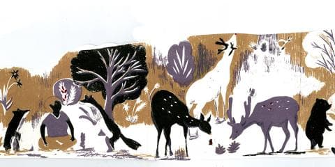 這張照片是一幅以動物為主題的藝術作品，最重要的是畫中多種動物，包括鹿、狗、鳥和松鼠，呈現出一幅和諧共處的景象。