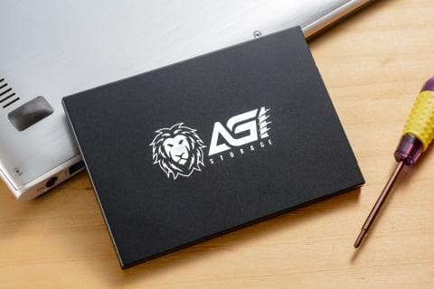 這張照片是一塊黑色的硬碟，上面印著白色的 AG STORAGE 字樣，以及一個白色的獅子頭圖案。