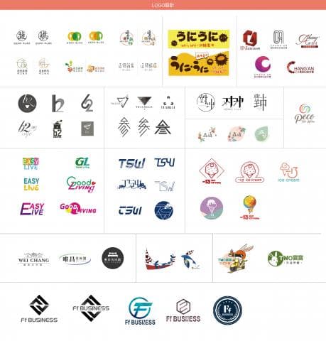 這張照片是一張充滿各種不同設計的商標圖。 商標圖包含了各種風格，如可愛風、簡約風、時尚風等等。 這些商標圖都具有獨特的設計，反映了不同品牌的特色。