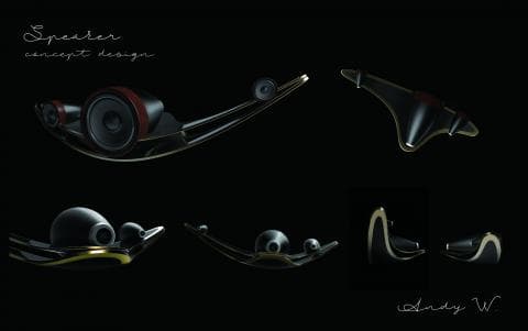 這張照片是音響設計概念圖，最重要的是一個音響設計。音響像一個貝殼，有一個圓形，黑色的喇叭，喇叭周圍有一圈紅色的環。音響被一個黑色的底座托起，底座的表面呈光滑的弧形。音響設計整體非常簡潔，但充滿科技感。