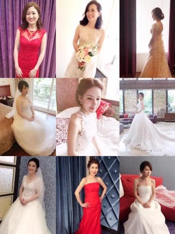 這張照片是多個女孩穿著婚紗的合照，照片的中心是穿著白色婚紗的新娘，她笑容燦爛，看起來非常幸福。