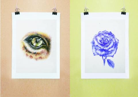 這張照片是兩張畫作，其中一張畫的是一朵藍色的玫瑰，另一張畫的是一隻動物的眼睛。