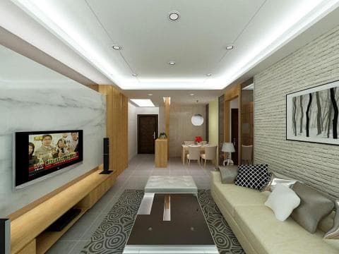 這張客廳的照片是一個現代化的客廳，有電視、沙發、茶几和餐桌，還有白色的牆壁和木地板。