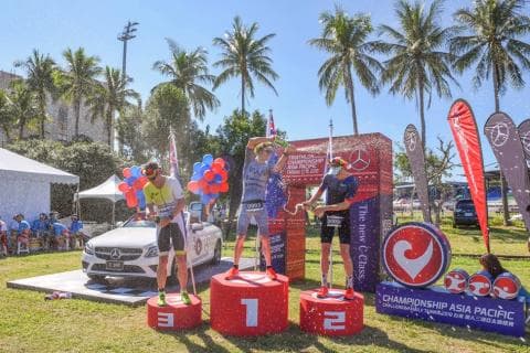 這張照片是三名運動員站在頒獎臺上，他們剛完成一場比賽，並在香檳的歡呼聲中慶祝他們的勝利。