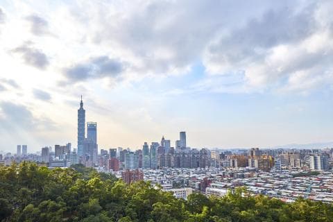 這張「臺北市」的照片是從山坡上俯瞰，可以看到高聳的「臺北 101」以及周圍的城市景觀。